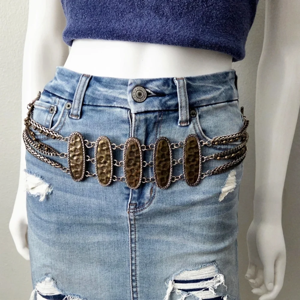 Chico's Wide Multi Chain Belt With Hammered Bronze Front Panels